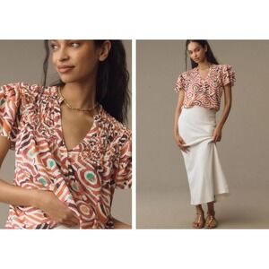 Anthropologie Maeve Short-Sleeve Ruffle Yoke Blouse Top Button Flutter MEDIUM M